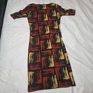 LuLaRoe Julia Dress Womens XS Black Rust Yellow Abstract Brushstroke Stretch